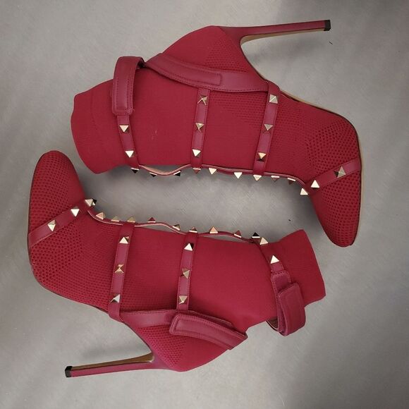 VALENTINO GARAVANI Knit Rockstud Bodytech Calfskin Sock Boot Heel Burgundy 39.5 - Picture 3 of 11